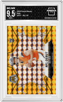 Bo Nix from the 2024 Panini Mosaic set featuring a Gold parallel graded by Arena Club and given an overall grade of 9.5.