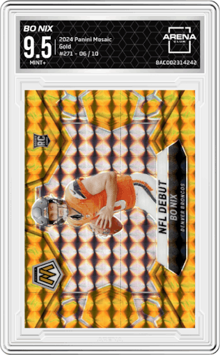 Bo Nix from the 2024 Panini Mosaic set featuring a Gold parallel graded by Arena Club and given an overall grade of 9.5.