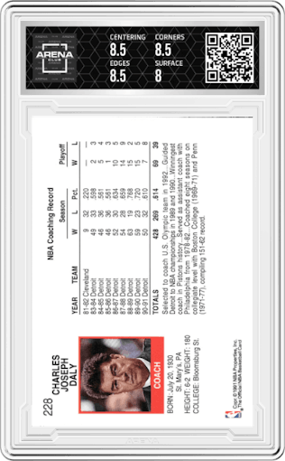 Chuck Daly from the 1991-92 NBA Hoops set graded by Arena Club and given an overall grade of 8.5.
