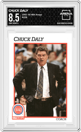 Chuck Daly from the 1991-92 NBA Hoops set graded by Arena Club and given an overall grade of 8.5.