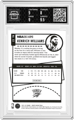 Kenrich Williams from the 2021-22 Panini NBA Hoops set graded by Arena Club and given an overall grade of 8.5.
