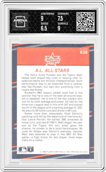Matt Nokes/Kirby Puckett from the 1988 Fleer set graded by Arena Club and given an overall grade of 7.