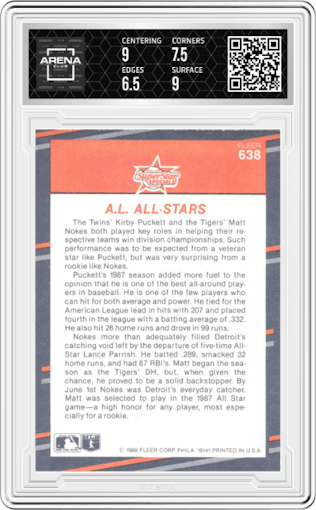 Matt Nokes/Kirby Puckett from the 1988 Fleer set graded by Arena Club and given an overall grade of 7.