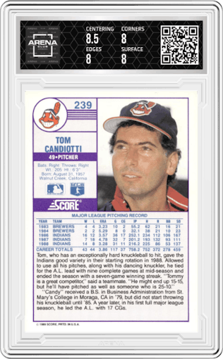 Tom Candiotti  from the 1989 Score set graded by Arena Club and given an overall grade of 8.