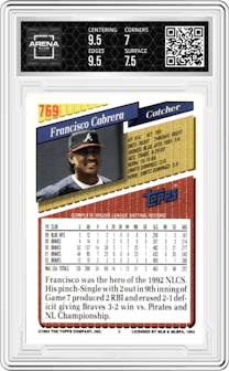 Francisco Cabrera from the 1993 Topps set graded by Arena Club and given an overall grade of 7.5.