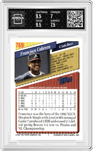 Francisco Cabrera from the 1993 Topps set graded by Arena Club and given an overall grade of 7.5.