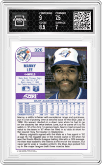 Manny Lee from the 1989 Score set graded by Arena Club and given an overall grade of 7.5.