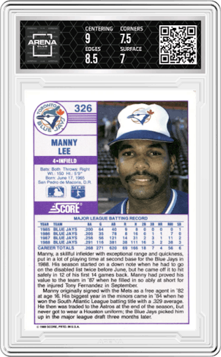 Manny Lee from the 1989 Score set graded by Arena Club and given an overall grade of 7.5.