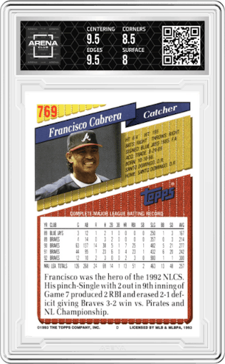 Francisco Cabrera from the 1993 Topps set graded by Arena Club and given an overall grade of 8.5.