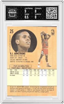 B.J. Armstrong from the 1991-92 Fleer set graded by Arena Club and given an overall grade of 8.5.