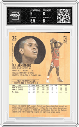 B.J. Armstrong from the 1991-92 Fleer set graded by Arena Club and given an overall grade of 8.5.