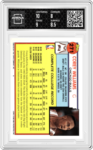 Corey Williams  from the 1992-93 Topps set graded by Arena Club and given an overall grade of 8.5.
