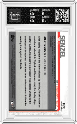 Nick Senzel from the 2019 Topps Update  set graded by Arena Club and given an overall grade of 9.