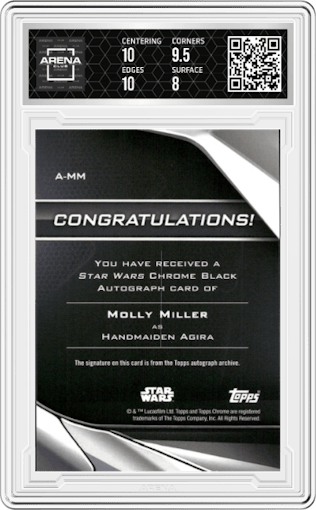 Molly Miller as Handmaiden Agira from the 2023 Topps Star Wars Chrome Black set graded by Arena Club and given an overall grade of 8.5.