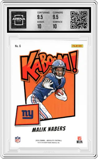Malik Nabers from the 2024 Panini Absolute set graded by Arena Club and given an overall grade of 10.