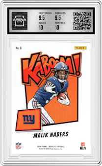 Malik Nabers from the 2024 Panini Absolute set graded by Arena Club and given an overall grade of 10.