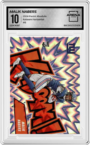 Malik Nabers from the 2024 Panini Absolute set graded by Arena Club and given an overall grade of 10.