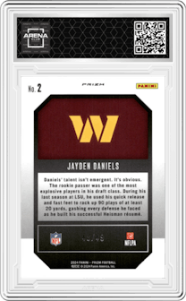 Jayden Daniels from the 2024 Panini Prizm set featuring a Purple Power parallel graded by Arena Club.