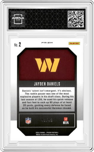 Jayden Daniels from the 2024 Panini Prizm set featuring a Purple Power parallel graded by Arena Club.