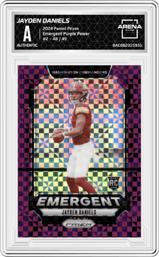 Jayden Daniels from the 2024 Panini Prizm set featuring a Purple Power parallel graded by Arena Club.