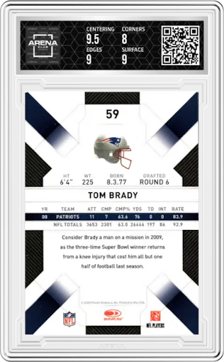Tom Brady from the 2009 Donruss Threads set graded by Arena Club and given an overall grade of 8.5.