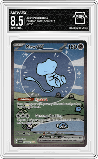 Mew ex from the 2024 Pokemon SV set graded by Arena Club and given an overall grade of 8.5.