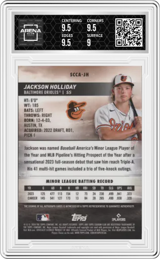 Jackson Holliday from the 2024 Topps Stadium Club set graded by Arena Club and given an overall grade of 9.5.