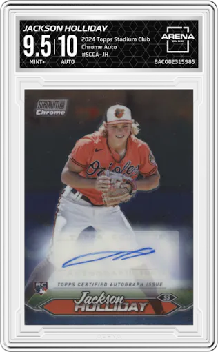 Jackson Holliday from the 2024 Topps Stadium Club set graded by Arena Club and given an overall grade of 9.5.
