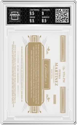 Pedro Martinez from the 2021 Panini Flawless set featuring a Gold parallel graded by Arena Club and given an overall grade of 9.