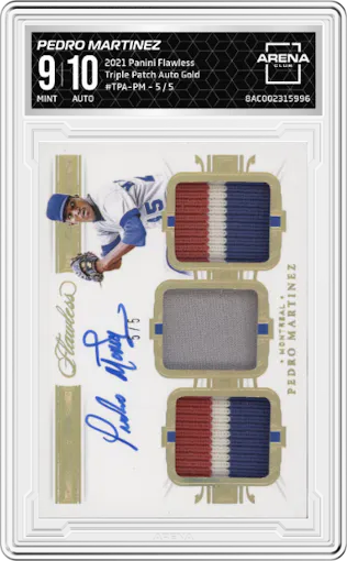 Pedro Martinez from the 2021 Panini Flawless set featuring a Gold parallel graded by Arena Club and given an overall grade of 9.