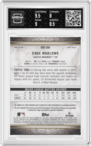 Cade Marlowe from the 2024 Topps Triple Threads set featuring a Printing Plates Yellow parallel graded by Arena Club and given an overall grade of 8.5.