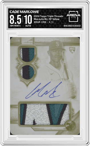 Cade Marlowe from the 2024 Topps Triple Threads set featuring a Printing Plates Yellow parallel graded by Arena Club and given an overall grade of 8.5.