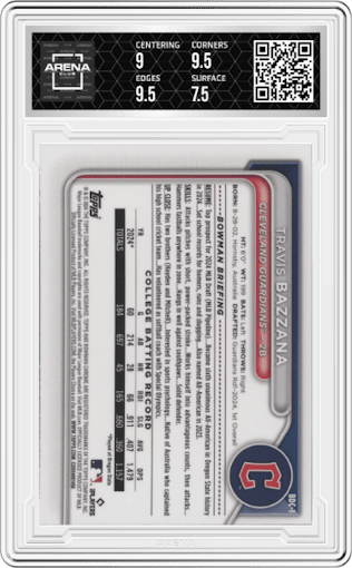 Travis Bazzana from the 2024 Bowman Draft set featuring a Steel Metal Refractor parallel graded by Arena Club and given an overall grade of 8.