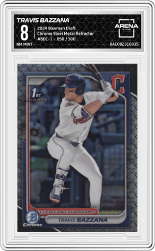 Travis Bazzana from the 2024 Bowman Draft set featuring a Steel Metal Refractor parallel graded by Arena Club and given an overall grade of 8.