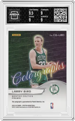 Larry Bird from the 2023-24 Panini Spectra set graded by Arena Club and given an overall grade of 9.