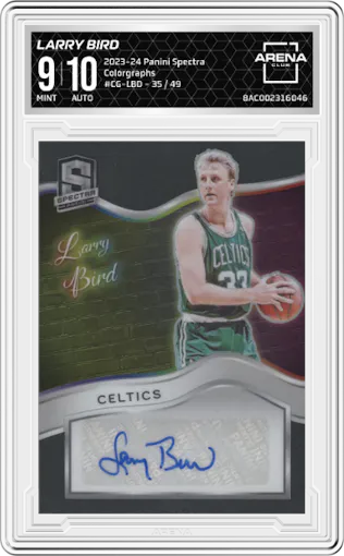 Larry Bird from the 2023-24 Panini Spectra set graded by Arena Club and given an overall grade of 9.