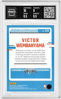 Victor Wembanyama from the 2023-24 Panini Donruss set featuring a Purple Press Proof parallel graded by Arena Club and given an overall grade of 9.