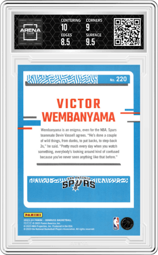 Victor Wembanyama from the 2023-24 Panini Donruss set featuring a Purple Press Proof parallel graded by Arena Club and given an overall grade of 9.