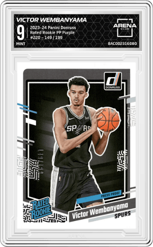 Victor Wembanyama from the 2023-24 Panini Donruss set featuring a Purple Press Proof parallel graded by Arena Club and given an overall grade of 9.