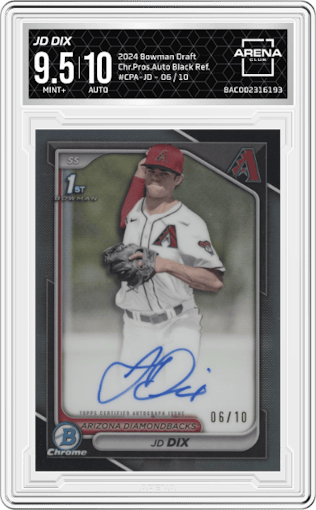 JD Dix from the 2024 Bowman Draft set featuring a Black Refractor parallel graded by Arena Club and given an overall grade of 9.5.