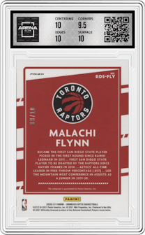 Malachi Flynn from the 2020-21 Panini Donruss Optic set featuring a Gold parallel graded by Arena Club and given an overall grade of 10.