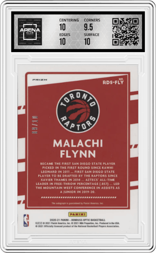 Malachi Flynn from the 2020-21 Panini Donruss Optic set featuring a Gold parallel graded by Arena Club and given an overall grade of 10.