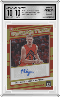 Malachi Flynn from the 2020-21 Panini Donruss Optic set featuring a Gold parallel graded by Arena Club and given an overall grade of 10.