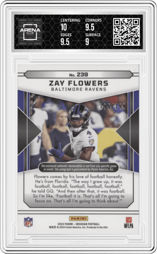 Zay Flowers from the 2023 Panini Obsidian set graded by Arena Club and given an overall grade of 9.5.