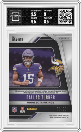 Dallas Turner from the 2024 Panini Prizm set graded by Arena Club and given an overall grade of 9.