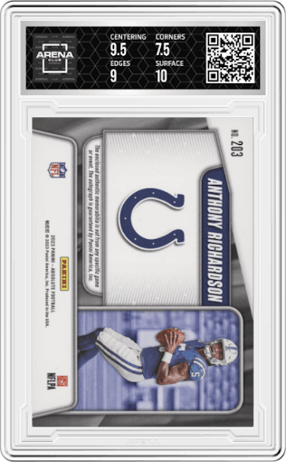 Anthony Richardson  from the 2023 Panini Absolute set graded by Arena Club and given an overall grade of 8.