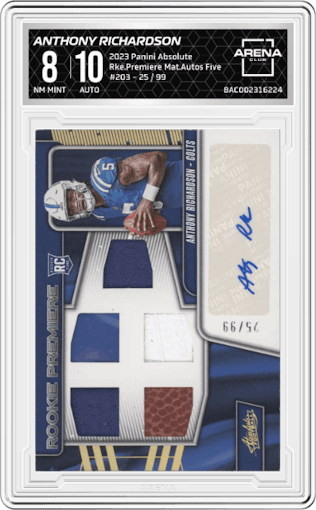 Anthony Richardson  from the 2023 Panini Absolute set graded by Arena Club and given an overall grade of 8.