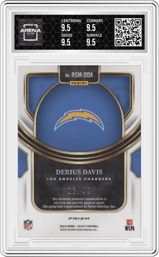 Derius Davis from the 2023 Panini Select set featuring a Purple Prizm parallel graded by Arena Club and given an overall grade of 9.5.