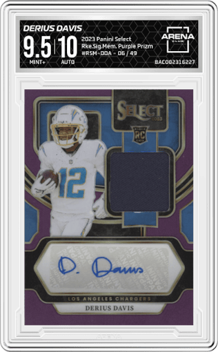 Derius Davis from the 2023 Panini Select set featuring a Purple Prizm parallel graded by Arena Club and given an overall grade of 9.5.