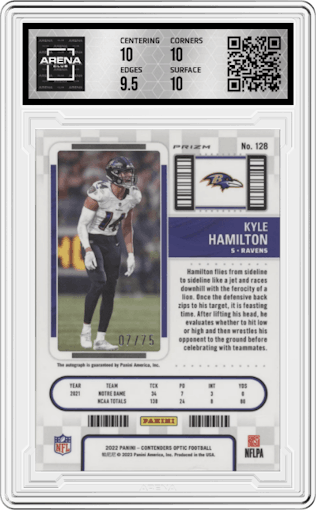 Kyle Hamilton from the 2022 Panini Contenders Optic set featuring a Blue parallel graded by Arena Club and given an overall grade of 10.
